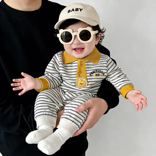 婴儿连体衣春秋款男女宝宝条纹polo领狮子领带爬服外出哈衣条纹潮