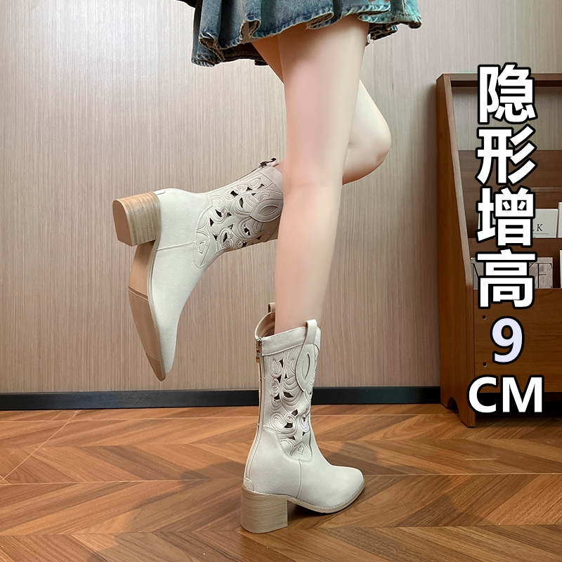 真皮复古镂空西部牛仔靴女内增高
