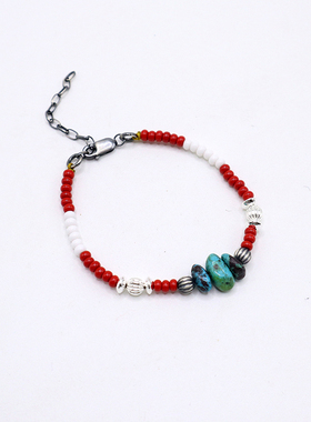 原创设计印第安日韩复古琉璃珠松石手链纯银飞碟珠休闲男女手串