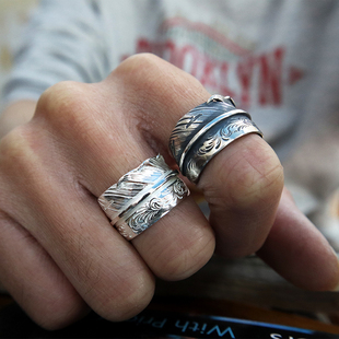 925纯银鹫见太郎唐草羽毛戒指印第安素银飞行羽复古男女开口指环
