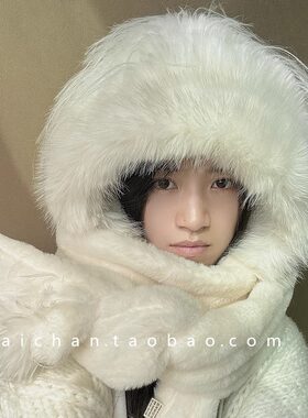 帽子手套围脖毛绒帽 白色一体帽子 冬天女生保暖围脖三件套 加厚