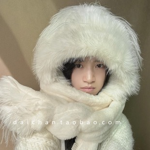 帽子手套围脖毛绒帽 白色一体帽子 冬天女生保暖围脖三件套 加厚