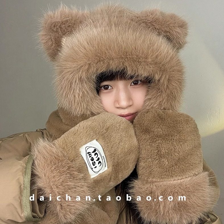 加大加长高低毛拼接加厚帽子 围巾手套一体保暖套件 冬天雷锋帽女