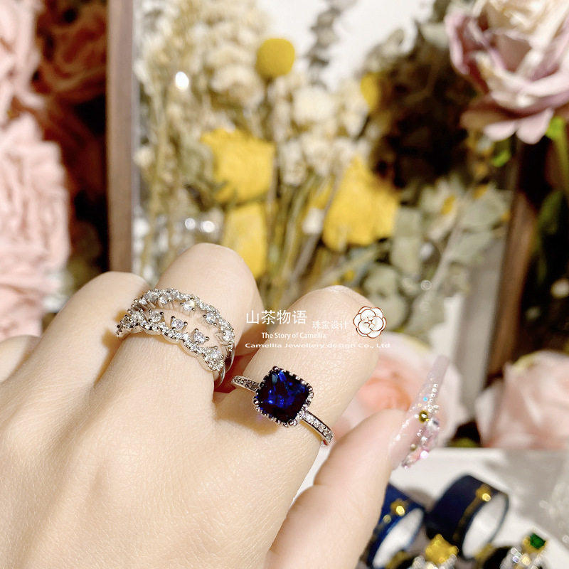 Camellia欧美轻奢彩宝开口套戒 高定设计仿斯里兰卡蓝宝石戒指女