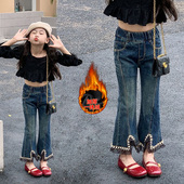 女宝一体绒加厚花边高腰长裤 女童加绒牛仔裤 韩版 童装 2024冬季 新款