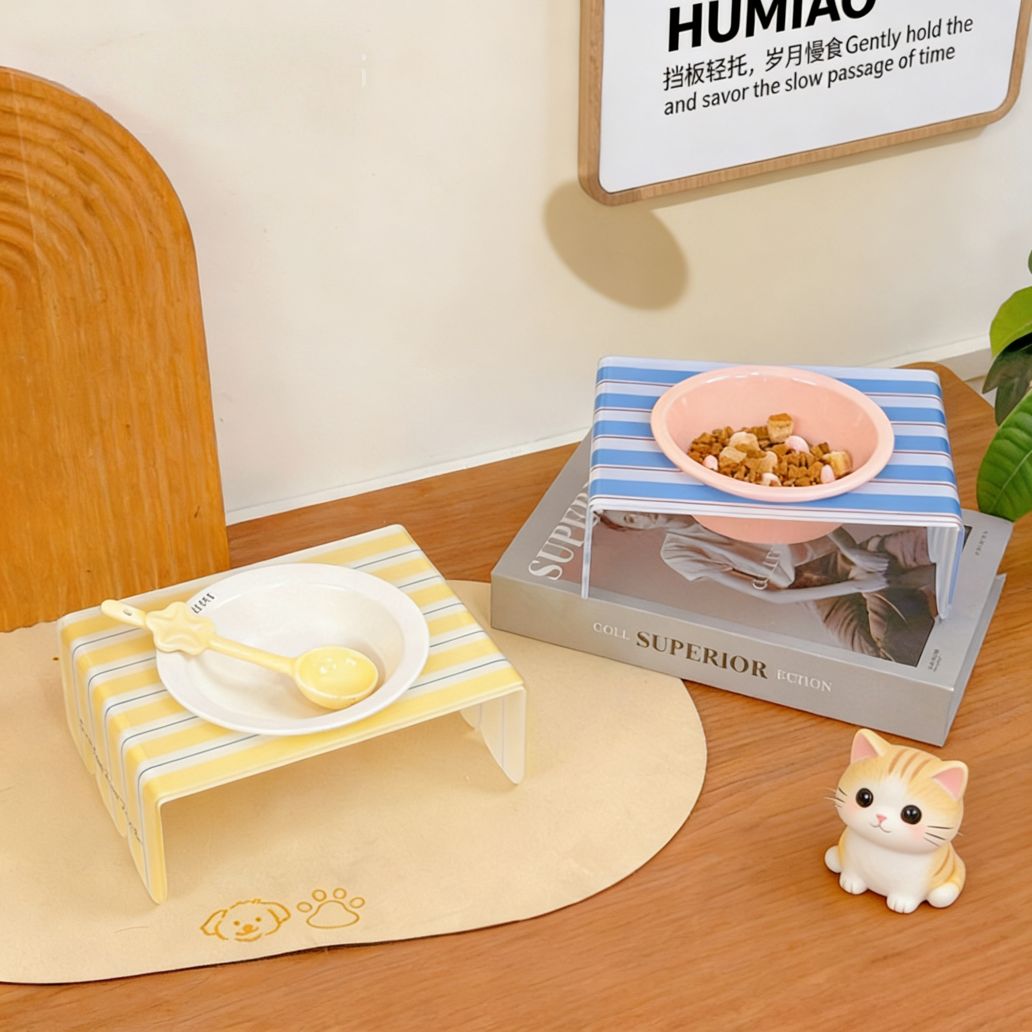 条纹亚克力增高架猫咪飞碟碗