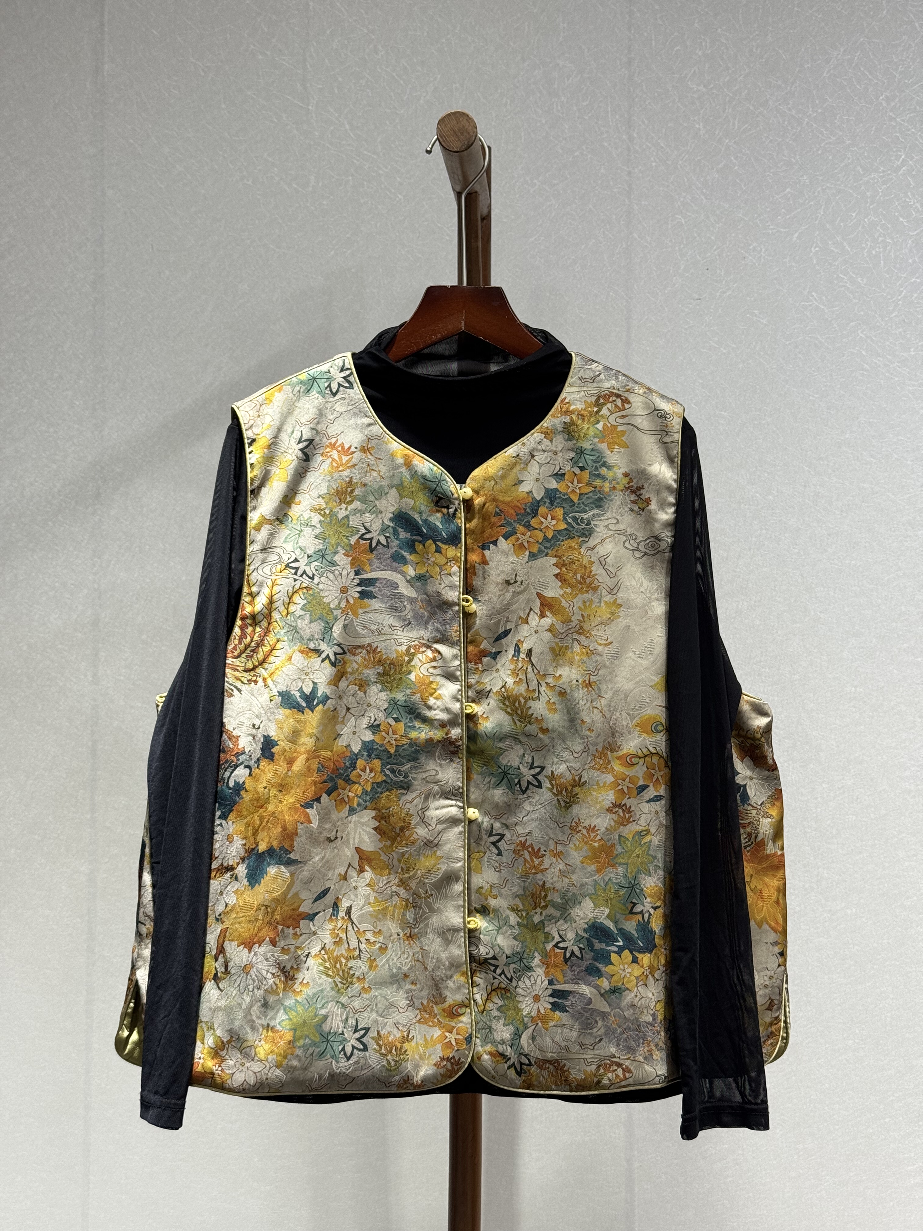 小众设计 重磅香云纱花萝 时尚修身百搭夹棉马甲2919