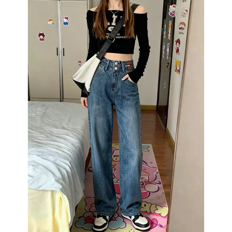 怀旧蓝高腰阔腿裤牛仔裤女拖地裤