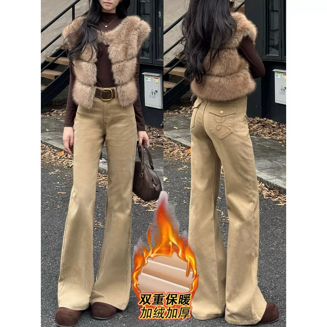 卡其色微喇牛仔裤女秋冬加绒2025不贴腿小个子高腰显瘦喇叭拖地裤,女装/女士精品,牛仔裤,淘宝优惠券,粉丝福利购,淘宝优惠卷