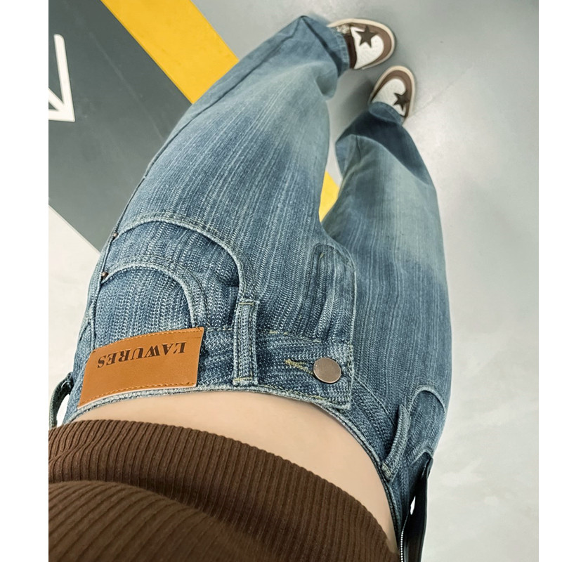 复古蓝星空编织纹牛仔裤女秋季秋冬2025新款皮标直筒加长阔腿裤子,女装/女士精品,牛仔裤,淘宝优惠券,粉丝福利购,淘宝优惠卷