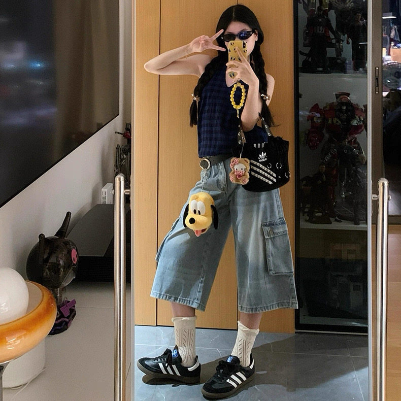 美式复古七分牛仔裤女秋冬秋季2025浅蓝色直筒宽松多口袋工装裤子,女装/女士精品,牛仔裤,淘宝优惠券,粉丝福利购,淘宝优惠卷