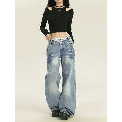 美式低腰牛仔裤窄版直筒微喇叭裤