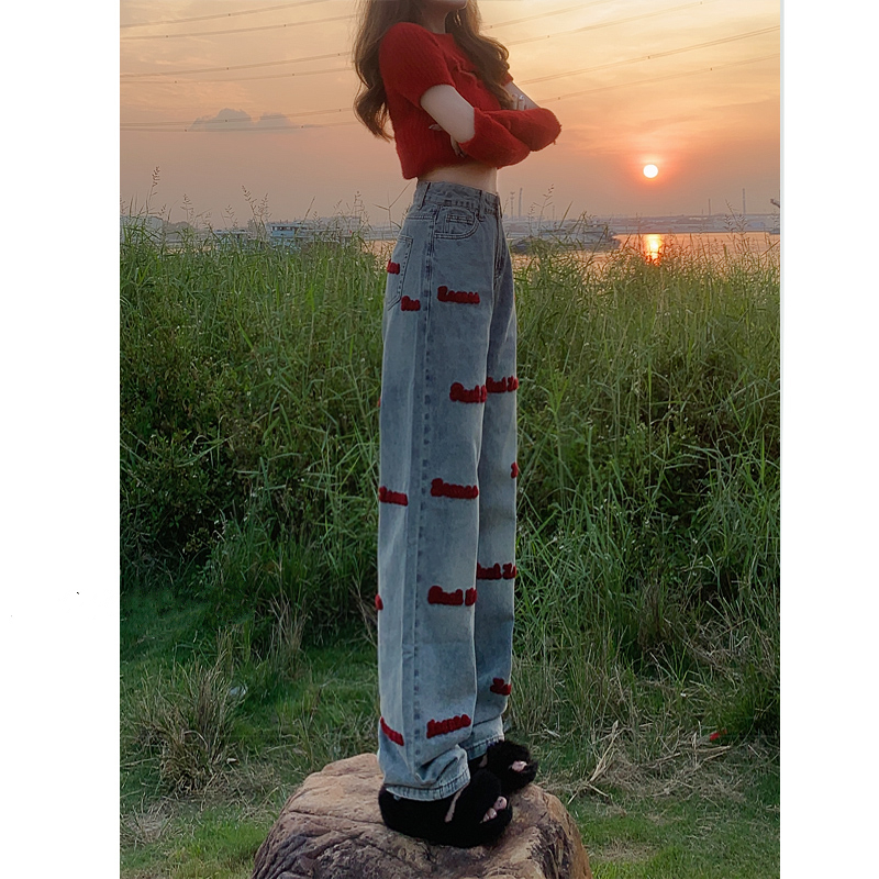 美式刺绣牛仔裤女宽松阔腿直筒