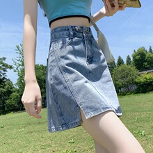 浅色开叉牛仔短裙女薄款夏季2025新款高腰黑色显瘦a字包臀半身裙