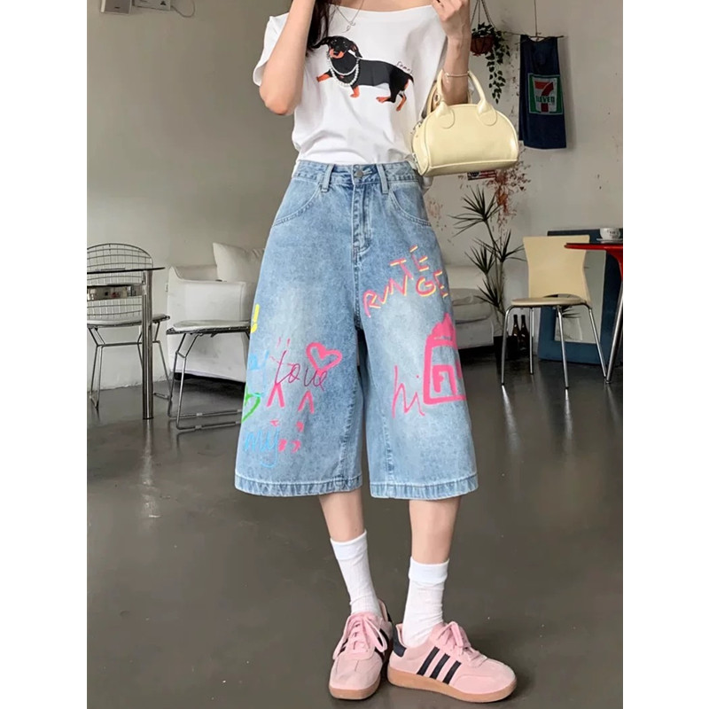 涂鸦牛仔七分裤女秋冬春季2026美式阔腿裤子宽松直筒街头休闲短裤