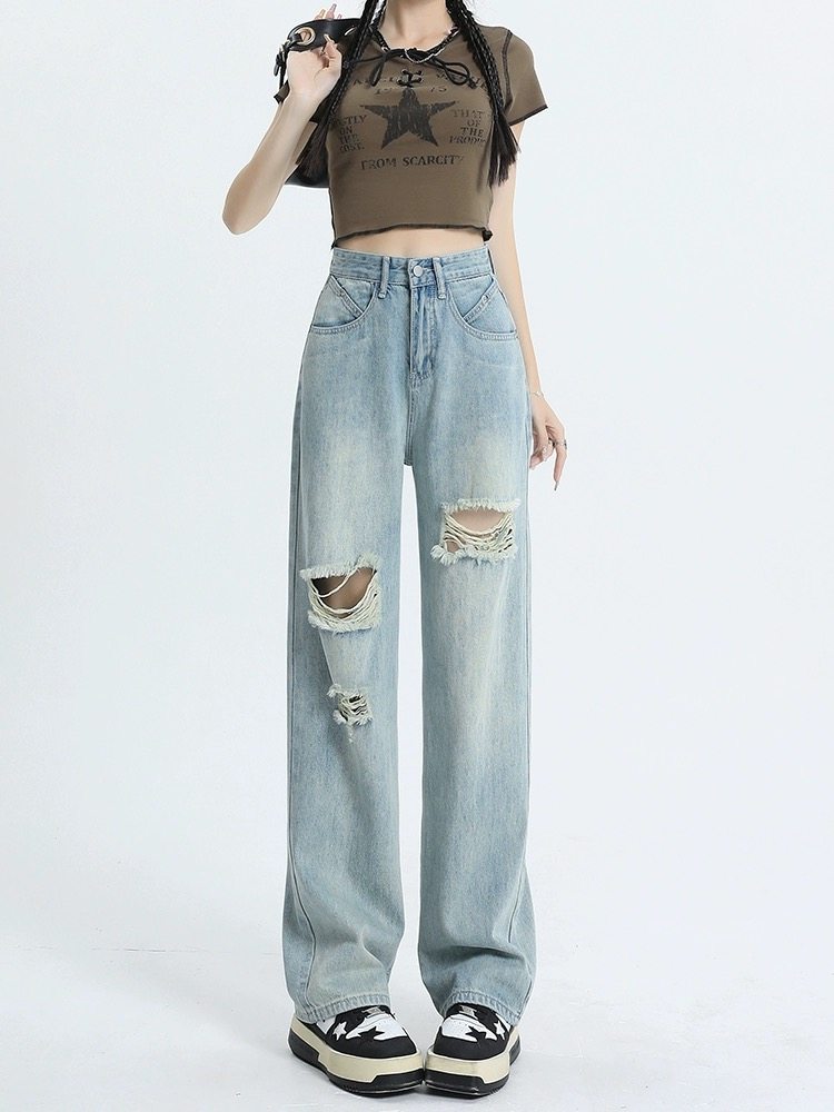 破洞阔腿牛仔裤女秋季秋冬2025新款高腰设计感直筒宽松拖地裤加长,女装/女士精品,牛仔裤,淘宝优惠券,粉丝福利购,淘宝优惠卷