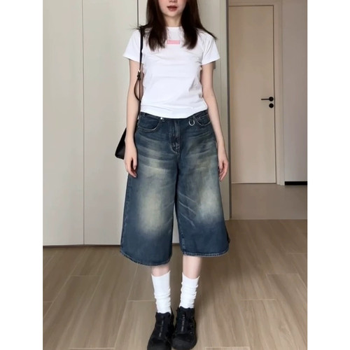 水洗做旧七分阔腿牛仔短裤女