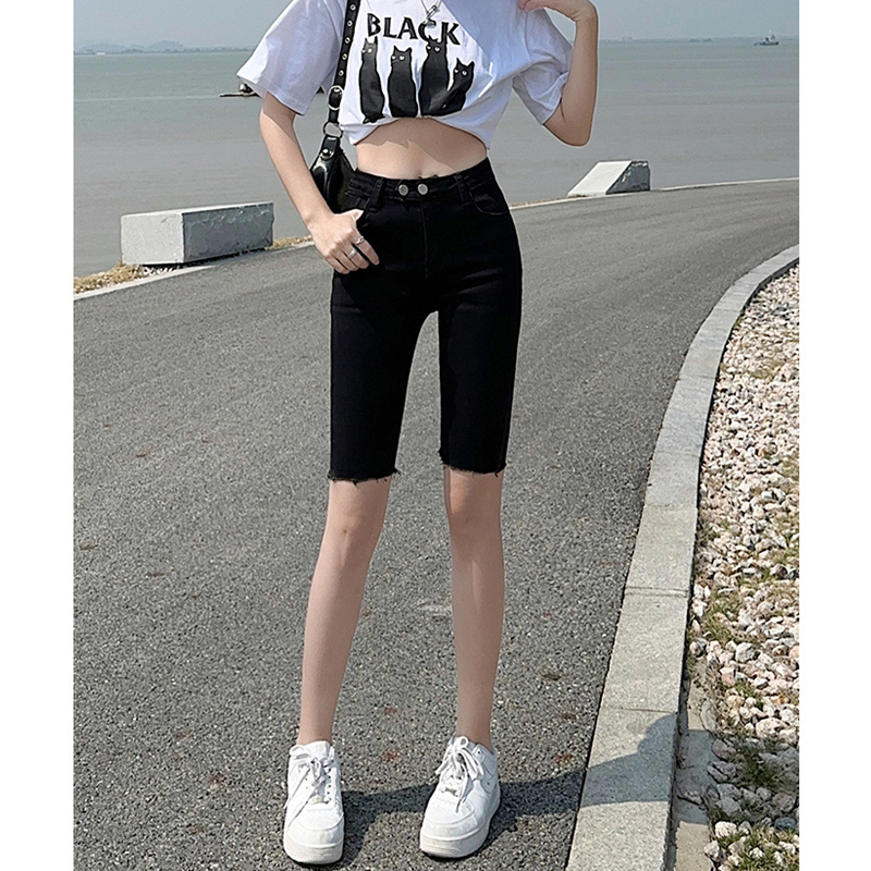 黑色五分裤牛仔裤女修身显瘦