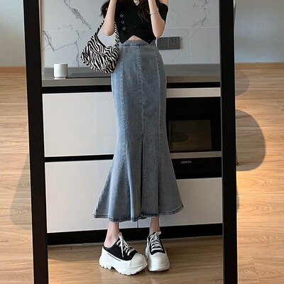 开叉牛仔半身裙女中长款鱼尾裙