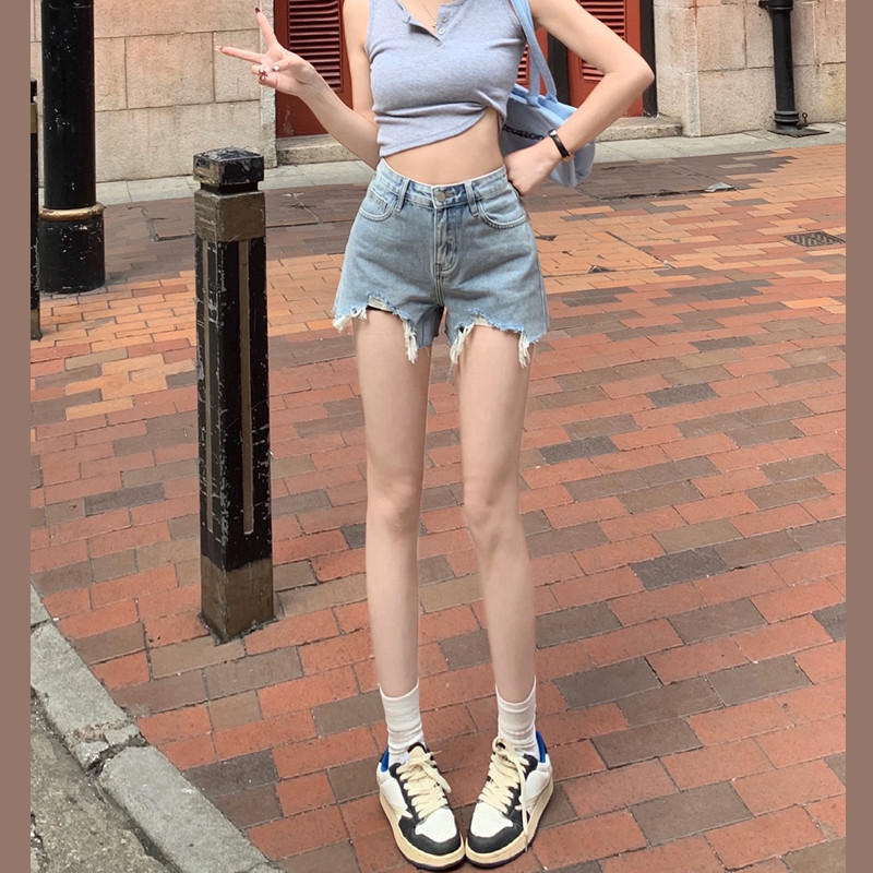破洞牛仔短裤女毛边流苏a字热裤