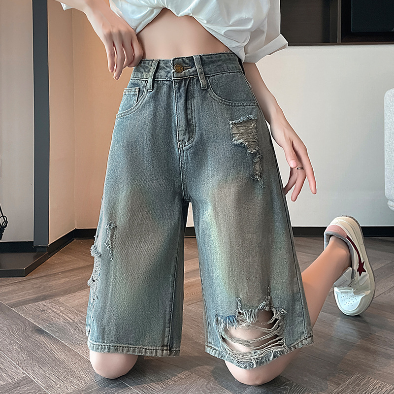 水泥灰破洞五分牛仔裤女中裤短裤