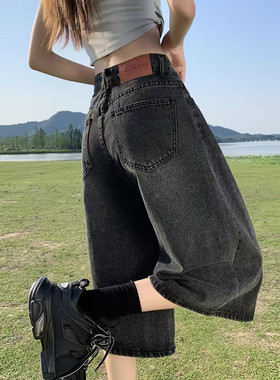 复古黑色牛仔短裤女七分裤