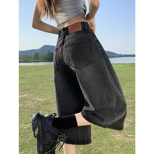 复古黑色牛仔短裤女七分裤