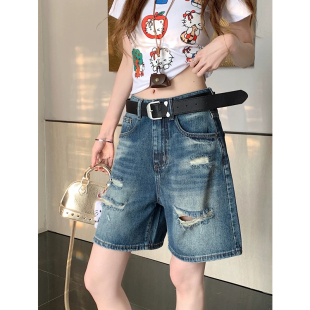 梨型身材宽松显瘦五分裤 蓝色中裤 女春夏春季 2026直筒破洞牛仔短裤