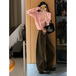 显瘦宽松阔腿拖地裤 美式 2026新款 女春夏春季 复古棕咖色弯刀牛仔裤