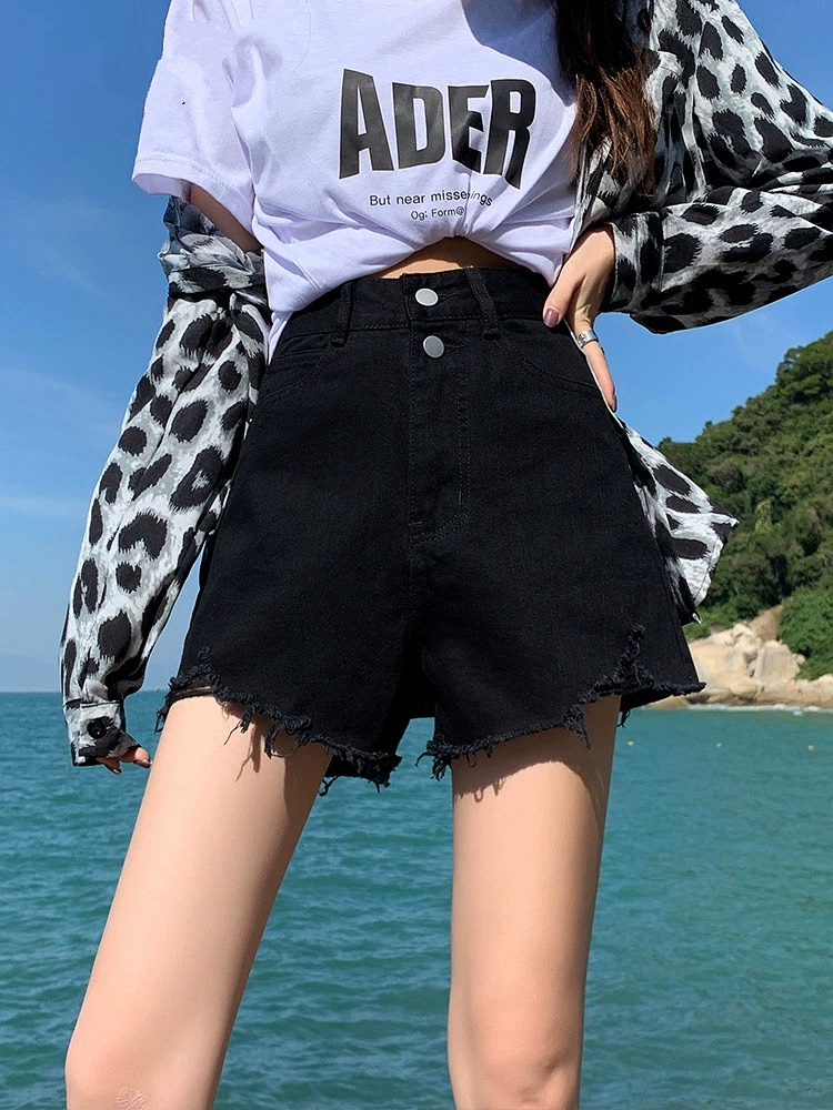 黑色毛边牛仔短裤女薄款夏季2025新款高腰显瘦热裤破洞a字裤子女