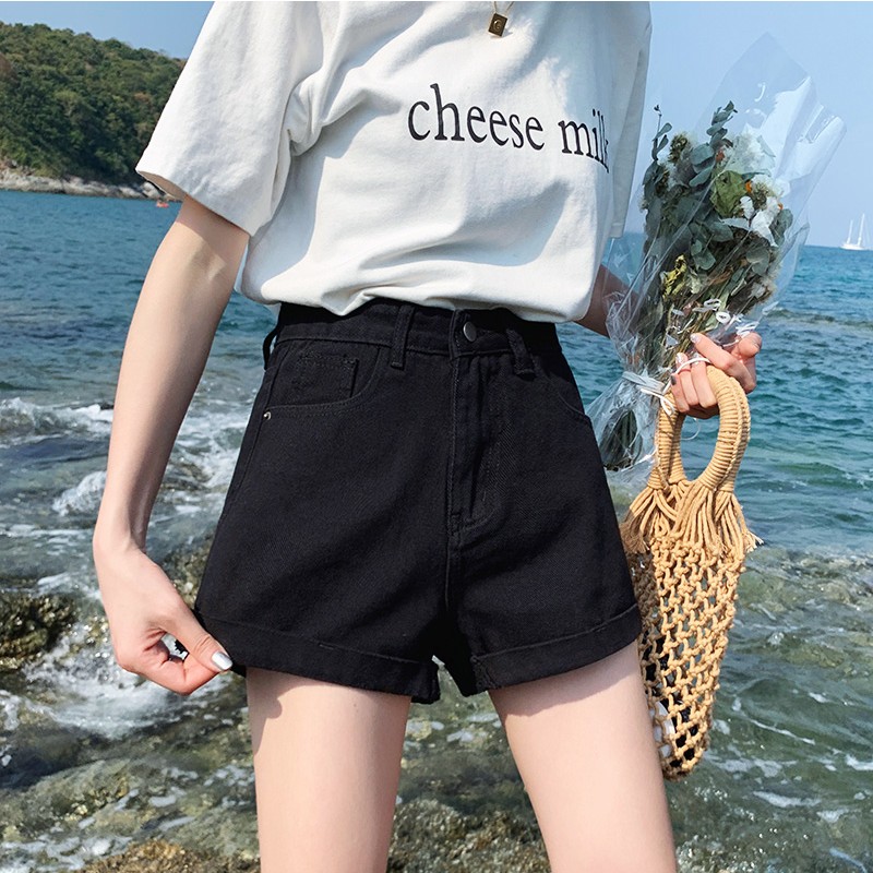 牛仔短裤女夏季薄款2025年新款黑色高腰a字超显瘦宽松阔腿热裤子
