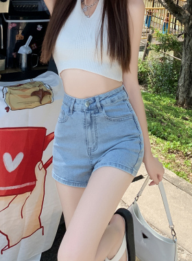 浅蓝色高腰牛仔超短裤女春夏薄款2026年新款显瘦弹力辣妹a字热裤