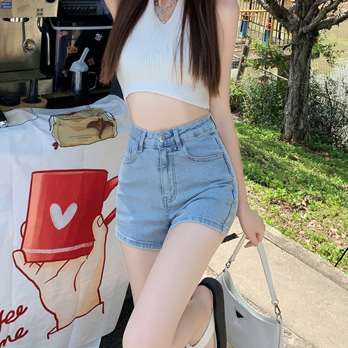 浅蓝色高腰牛仔超短裤女a字热裤