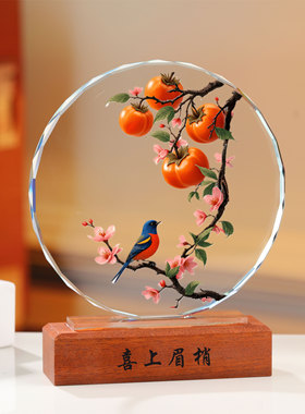 水晶玻璃花鸟摆件喜上眉梢客厅