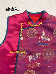 【马上有福】人丝精仿宋锦男女童唐装汉服马夹富贵多福拜年服周岁