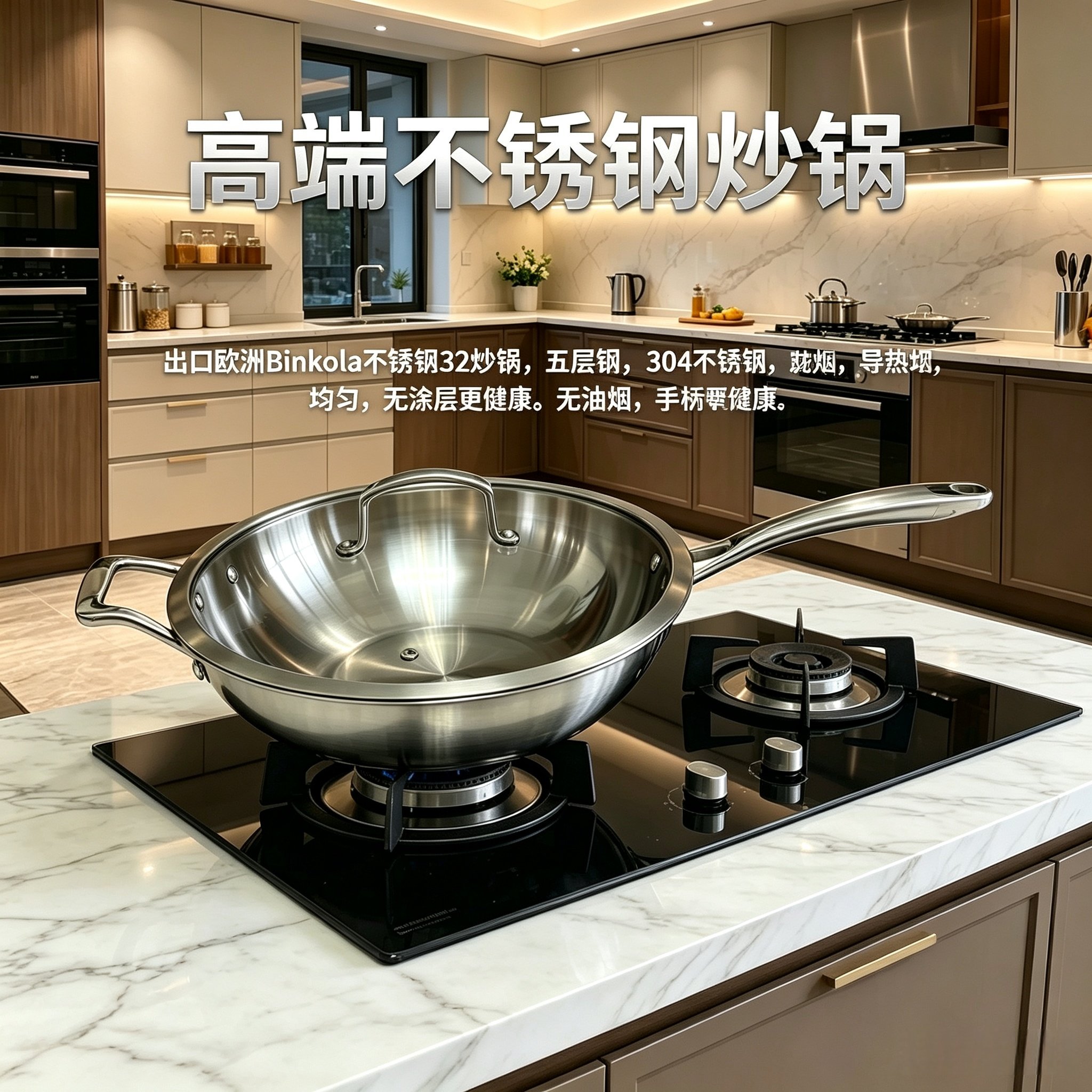 32cm五层复合钢炒锅食品级304钢无油烟防烫手柄通用烹饪锅具