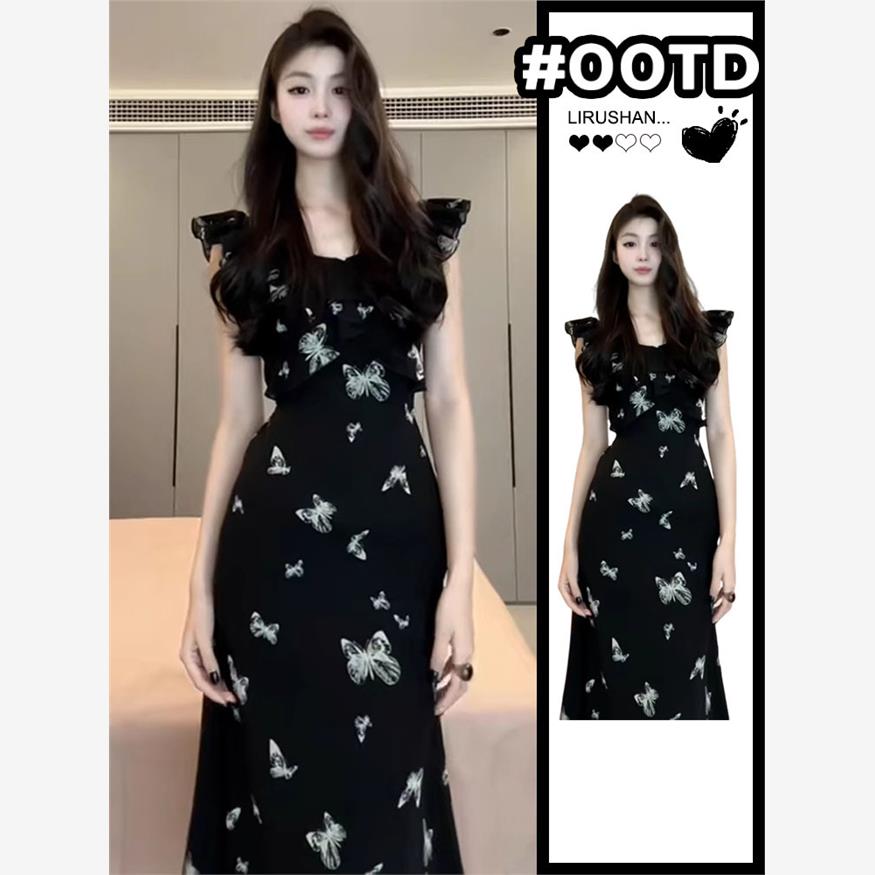 高级感法式小飞袖碎花连衣裙子女装2025新款夏季气质穿搭黑色长裙