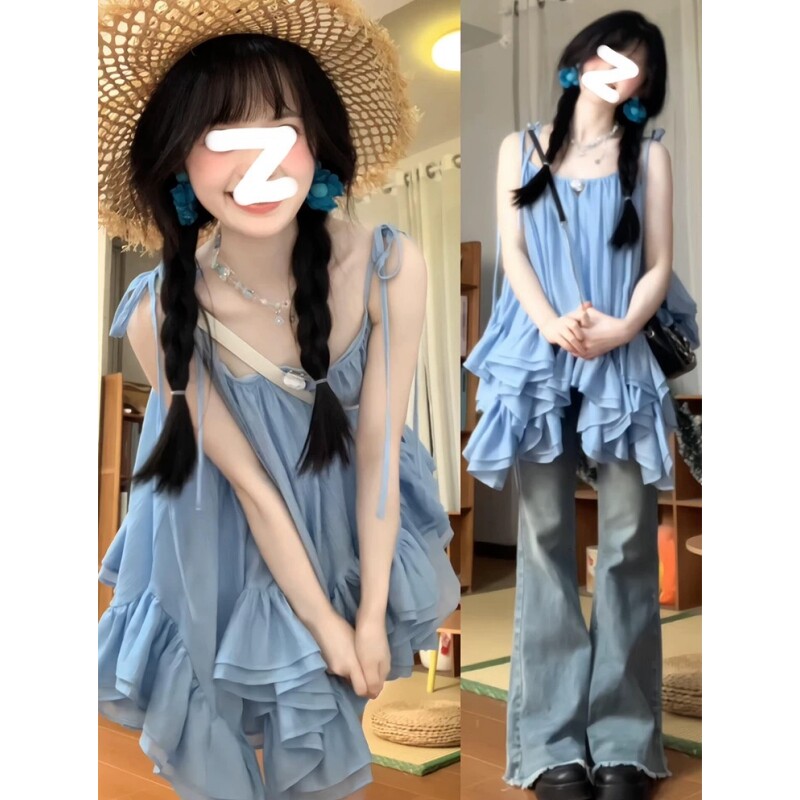 小个子超仙度假风连衣裙女夏日绝美蓝色小套装奶甜穿搭海边短裙子