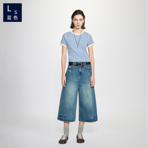 Ls蓝色9503七分牛仔裤女2026夏季薄款全棉宽松破洞复古阔腿中裤女
