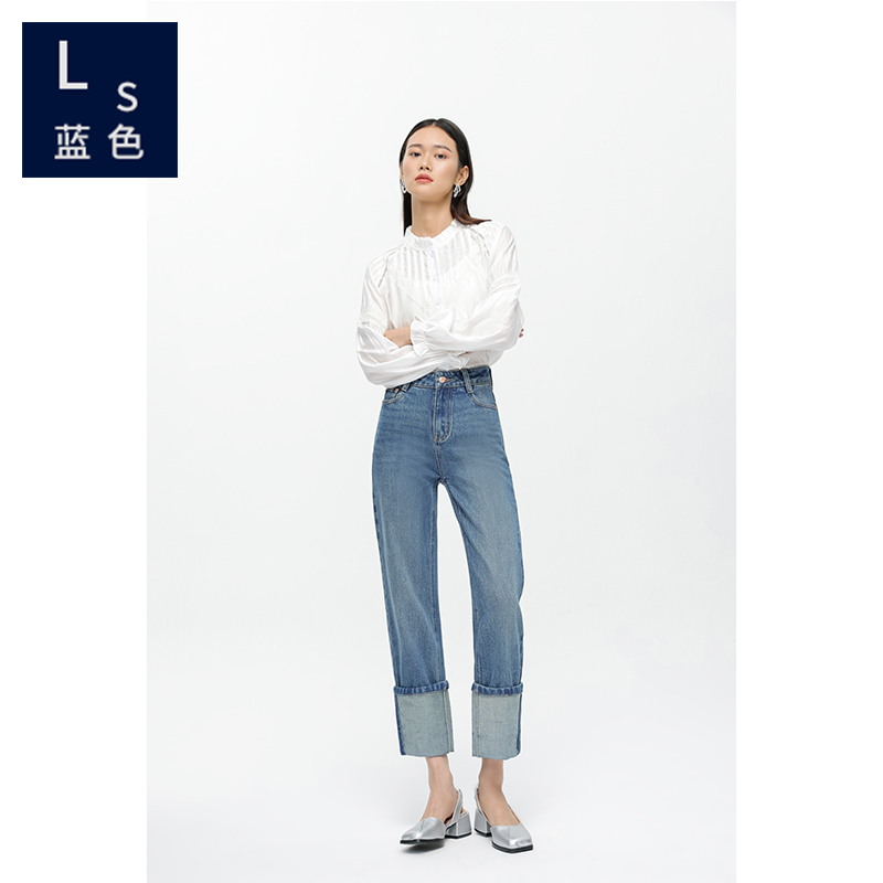 Ls蓝色家105秋季新款女士牛仔裤品质卷边九分裤高腰显瘦直筒裤女