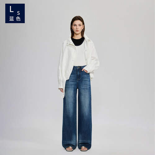 Ls蓝色9368 女牛仔裤复古纯棉宽松阔腿裤2026春休闲百搭拖地长裤