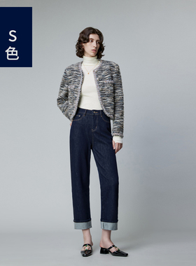 Ls蓝色家7067女士牛仔裤复古深蓝高腰直筒翻边设计宽松显瘦裤子女