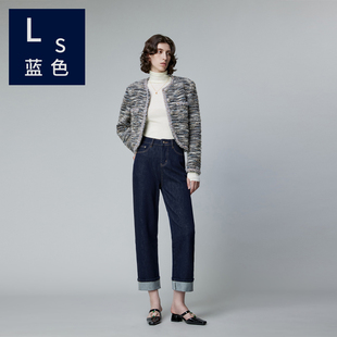 Ls蓝色家7067女士牛仔裤 子女 复古深蓝高腰直筒翻边设计宽松显瘦裤