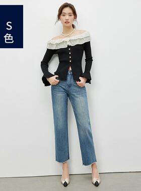 Ls蓝色 93002女士牛仔裤春夏修身直筒毛边九分裤法棍小个子女裤
