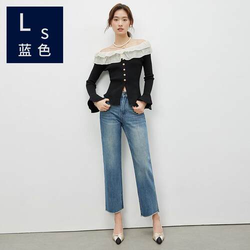 Ls蓝色 93002女士牛仔裤春夏修身直筒毛边九分裤法棍小个子女裤