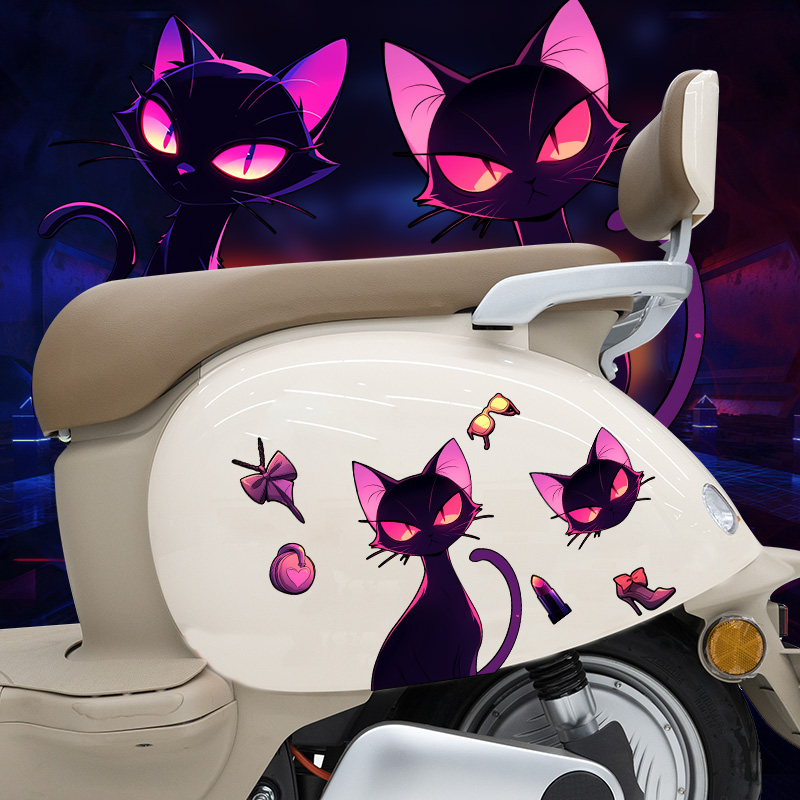 霓虹猫咪电动车贴纸个性创意车身可爱卡通装饰划痕遮挡贴画防水