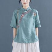 宽松绣花百搭复古文艺大码 新款 民族风上衣衬衣 T恤女夏季 纯棉短袖