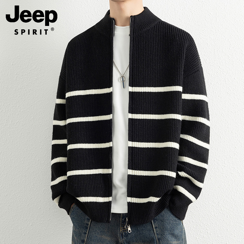 Jeepspirit秋冬条纹针织拉链外套男重磅慵懒宽松休闲立领毛衣开衫