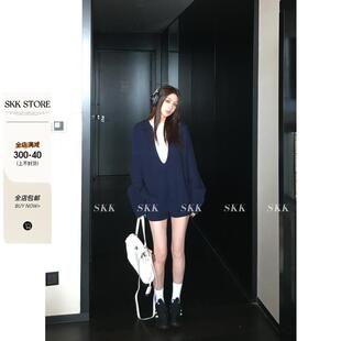 休闲套装 Skk 女秋 短裤 松弛感羊毛大V领坑条针织衫 Store 自在起居