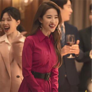 玫瑰的故事刘亦菲黄亦玫同款衣服穿搭玫红色衬衫连衣裙长款百褶秋